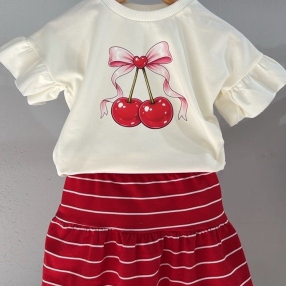 Conjunto infantil menina passeio algodão short saia confortável e estiloso estampa cerejinha