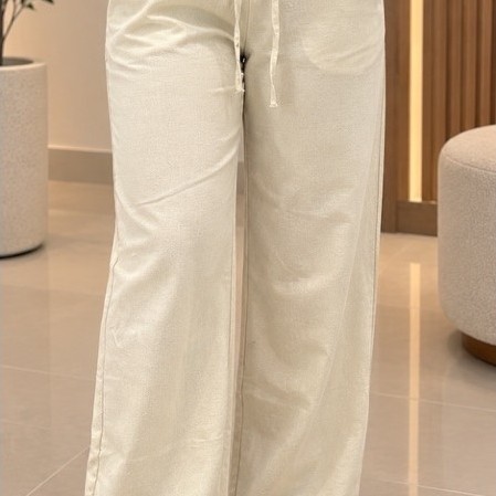 Calça Feminina Pantalona Wide Leg de Linho Alfaiataria Elegante Social Casual