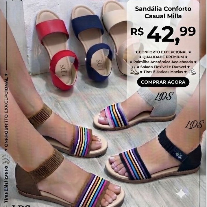 Sandália Rasteirinha Ortopédica Feminina Elástico Confortável - Várias Cores Calcanhar