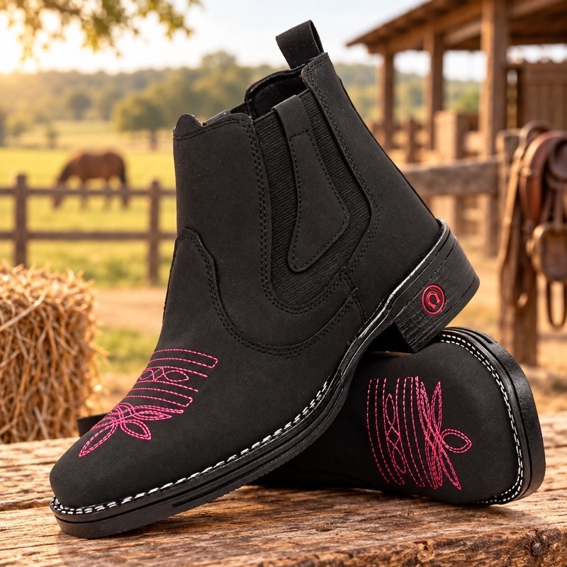 Kit Botina Country Feminina com Cinto Texana Lucari Bordada Costurada Rodeio Sertanejo Fazenda Confortável Casual