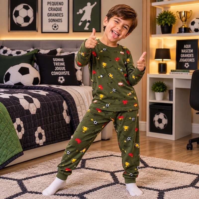 Pijama Infantil Suede Menino Longo Manga Comprida E Calça Confortável Estampado Inverno de Personagem