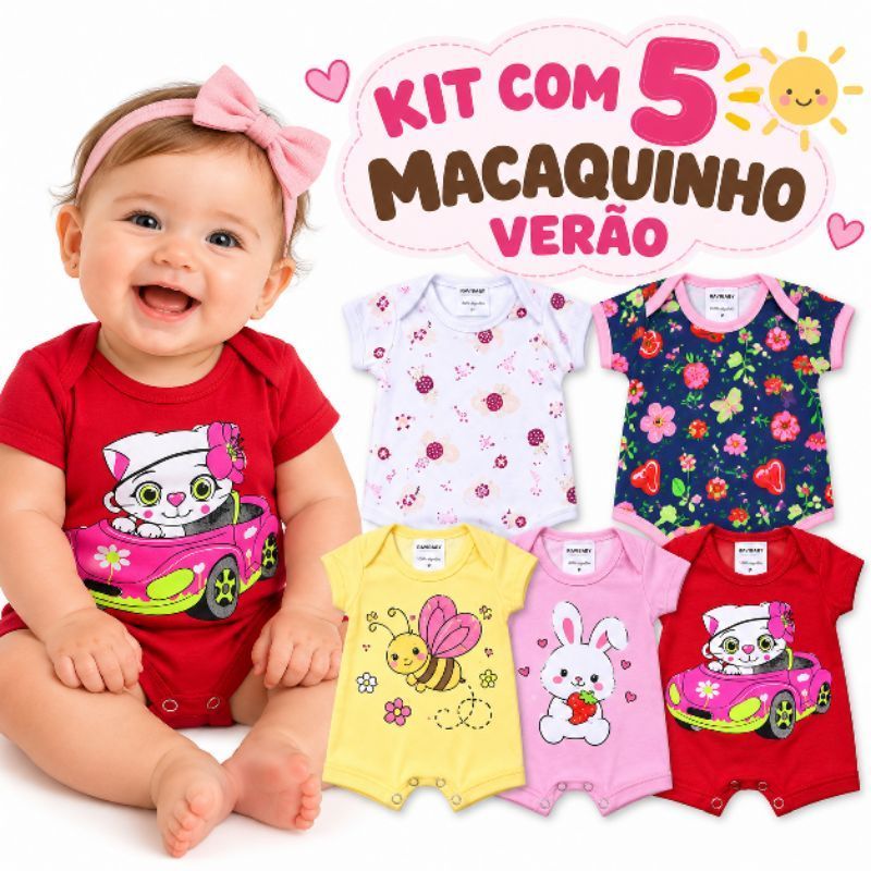 Kit 5 Macacão verão Bebê menina Algodão Curto Roupa Infantil Menina Macaquinho Estampado Confortável Verão Envio Sortido