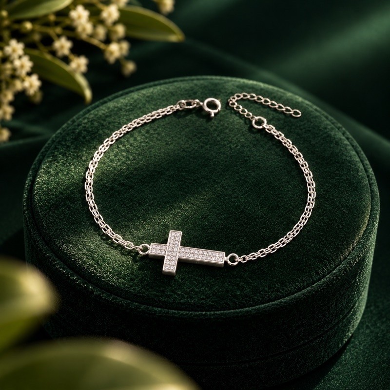 Pulseira Cruz Cravejada em Prata 925 Sofisticada