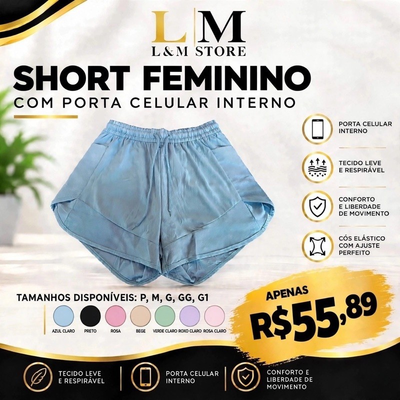 Shorts duplo Feminino Academia Dry Fit na Poliamida com Elastano, Com Bolso Laterais e Um Bolso Para Celular Interno!