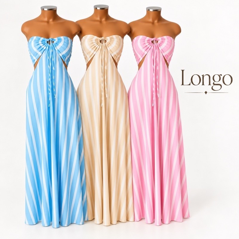 Vestido Longo Listrado Cut Out Verão 2026 – Moda Praia Elegante
