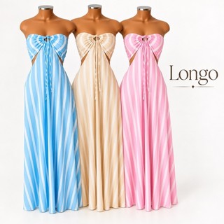 Vestido Longo Listrado Cut Out Verão 2026 – Moda Praia Elegante