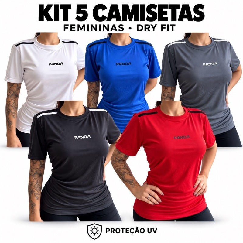 Kit 5 Camisetas Femininas Dry Fit Proteção UV Academia Fitness Treino Corrida Caminhada Blusas Esportivas e Confortáveis
