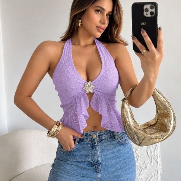 Cropped tule cruzado alcinha moda feminina blogueira tendência gringa verão modinha feminina top renda