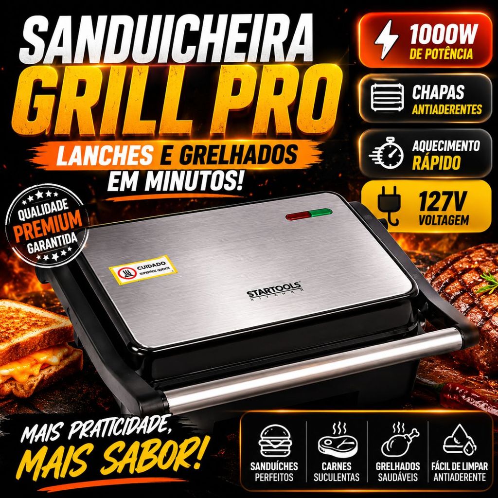 Sanduicheira Grill Elétrica 1000W Inox 127V Antiaderente Aquecimento Rápido Para Lanches e Grelhados
