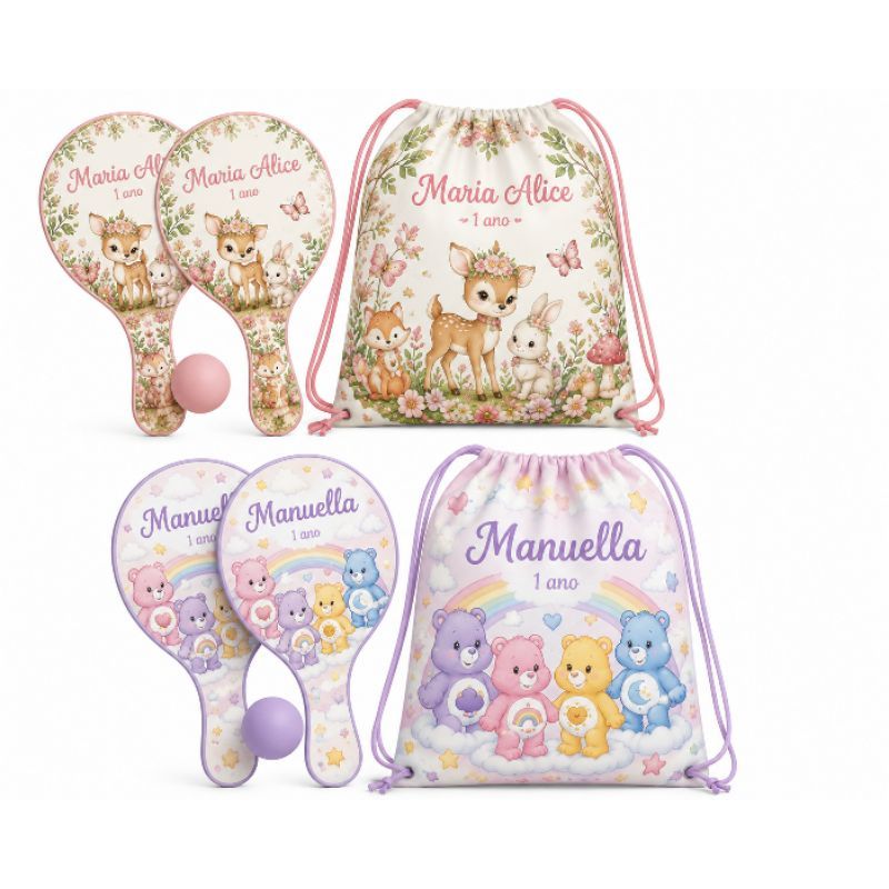Kit Raquete Personalizada + Sacolinha Infantil | Lembrancinha de Aniversário | Qualquer Tema | Nome e Idade