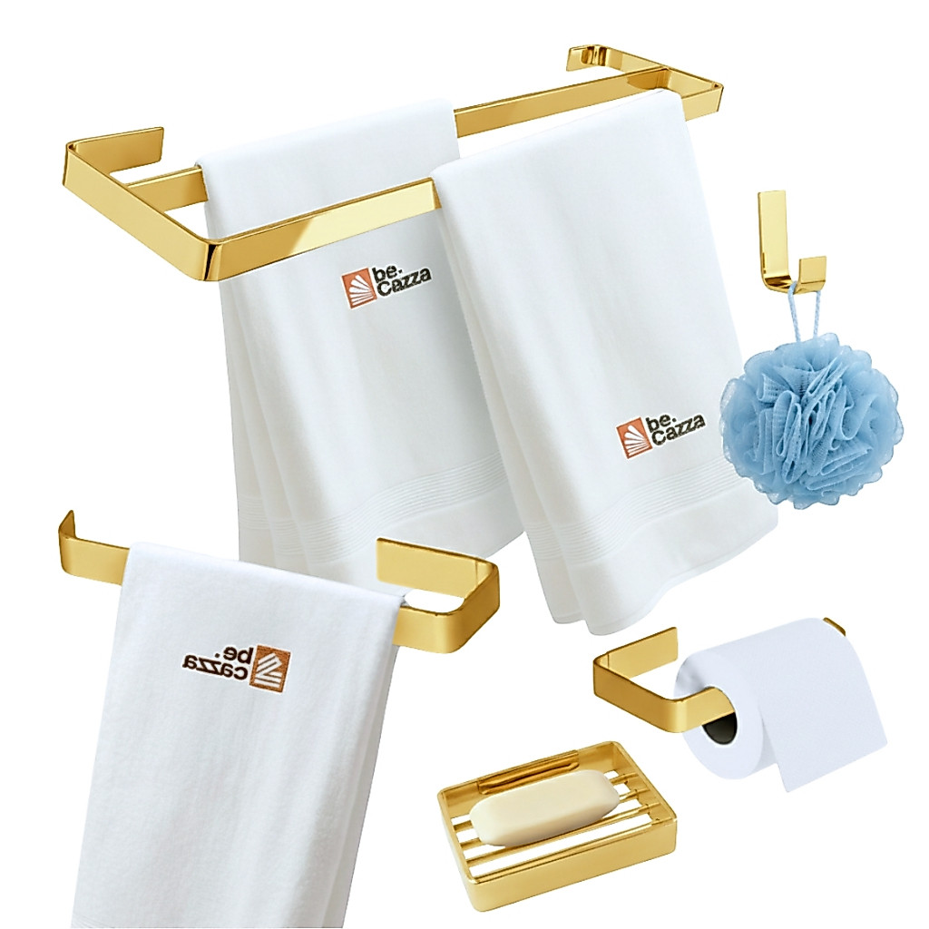Kit Acessórios Banheiro Suporte Toalhas Duplo Dourado 5 Pç