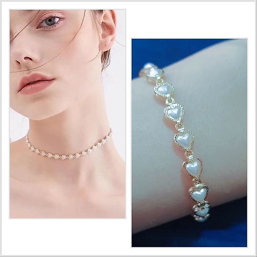 Kit Colar+Pulseira de pérolas de coração delicado choker banhado a Prata 925 a ouro 18K