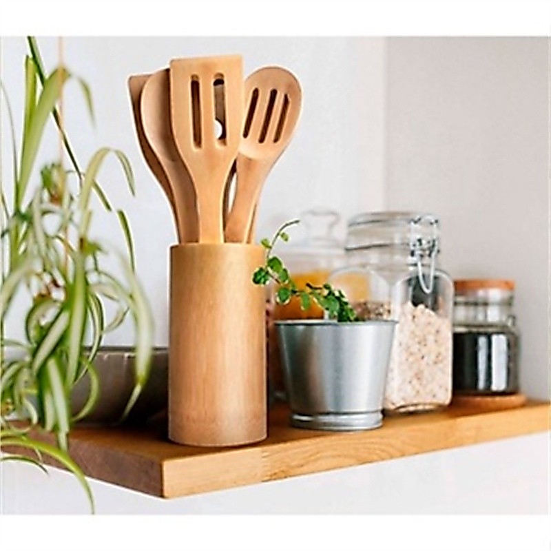 1 Kit Colher De Pau Utensílios Em Bambu 5 (4 talheres + suporte) Peças