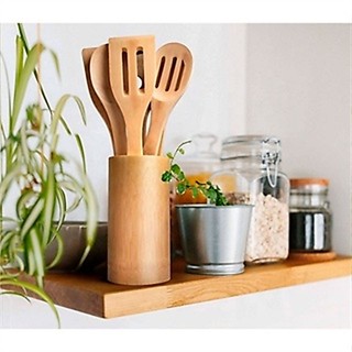 1 Kit Colher De Pau Utensílios Em Bambu 5 (4 talheres + suporte) Peças