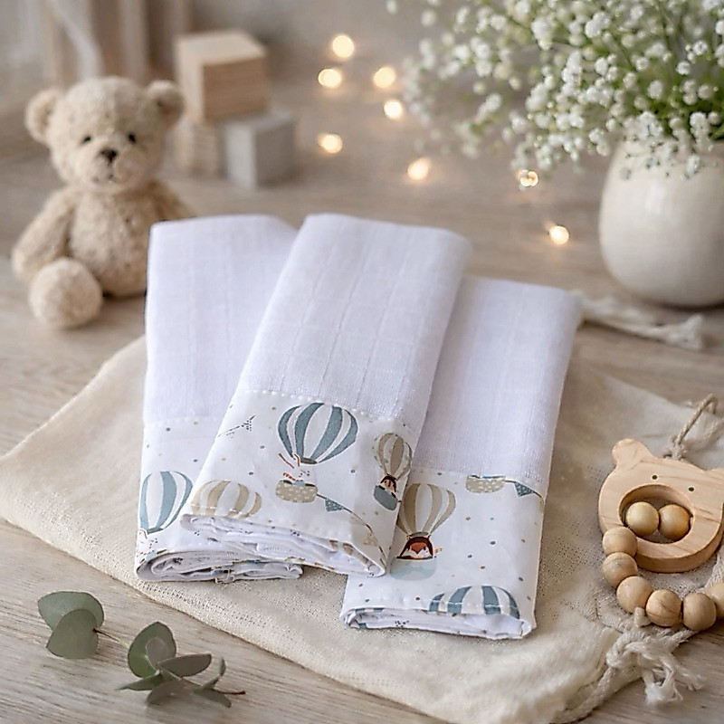 Kit 3 Fraldas de Boca para Bebê 100% Algodão Fraldinha de Pano com Saquinho Presenteável