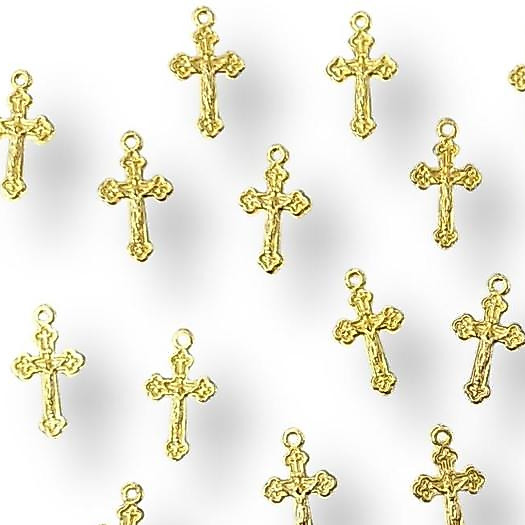 30 Pingente Cruz Duplaface 2cm em Metal Dourada - Pingente Cruz para Terço de pulso artesanato e lembranças
