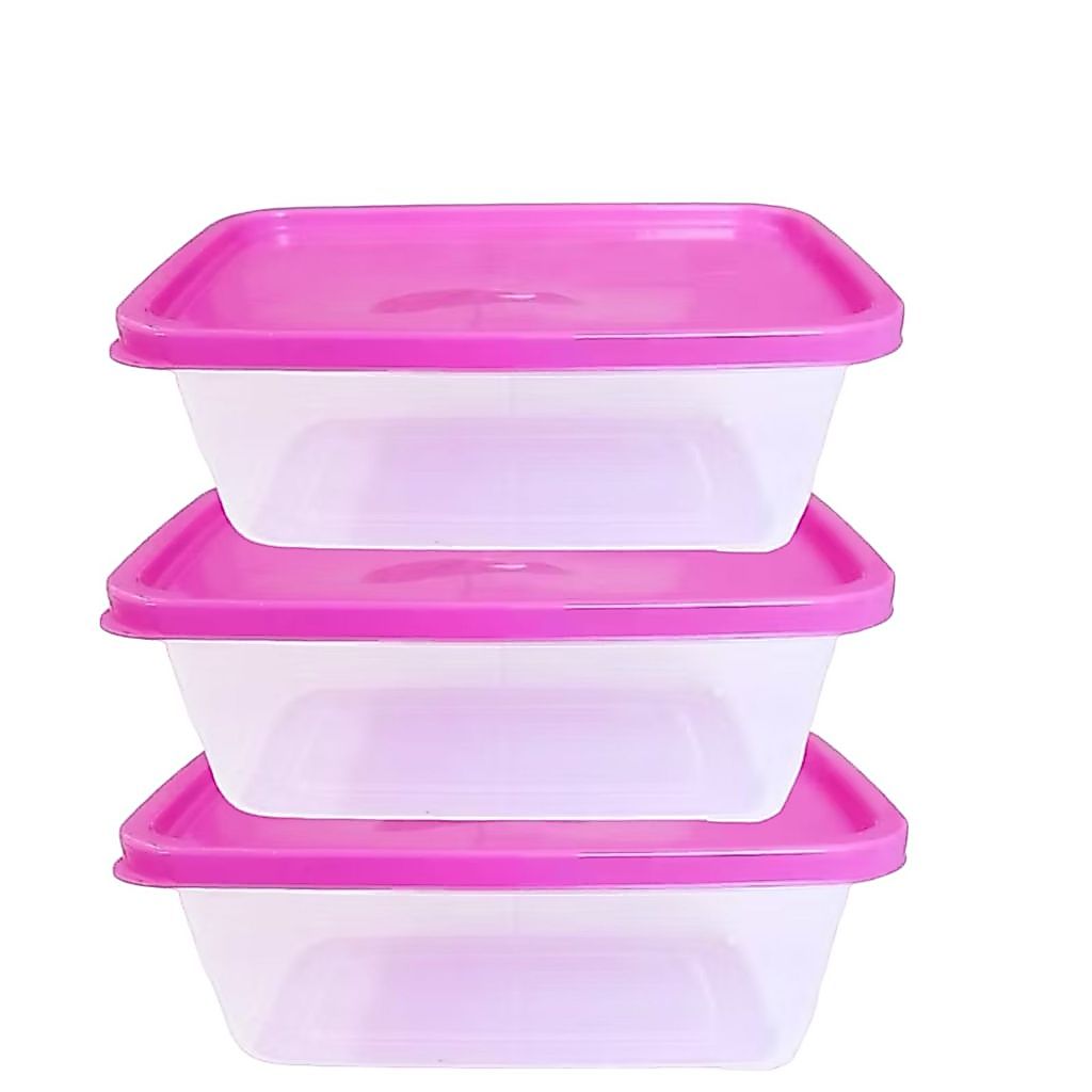Kit 3 Potes Marmita Fitness 1000 ml 1L Para Freezer e Microondas BPA Free Transparentes Tampa Rosa Organizador de Alimentos retangular