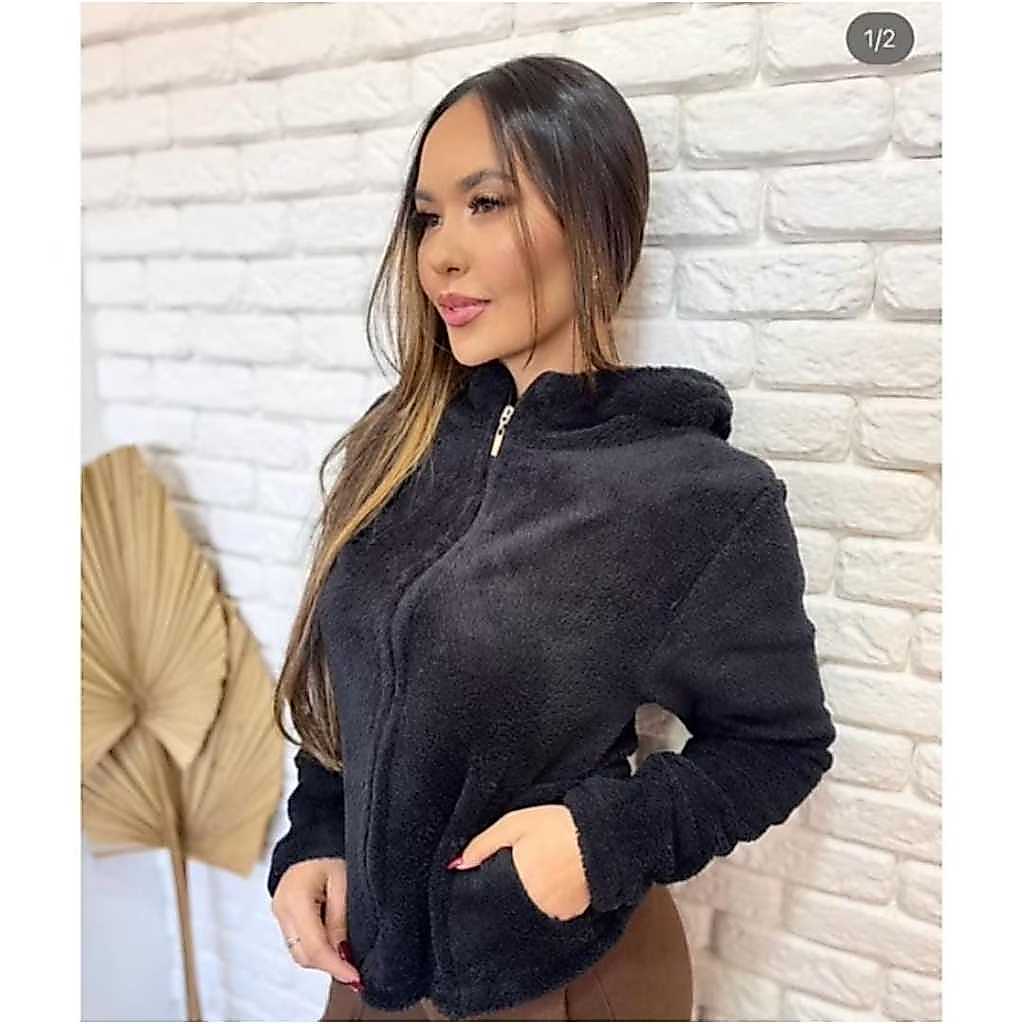 Casaco groso  Feminino Inverno Teddy Soft Pelinhos Felpulda Capuz e Ziper Moda
