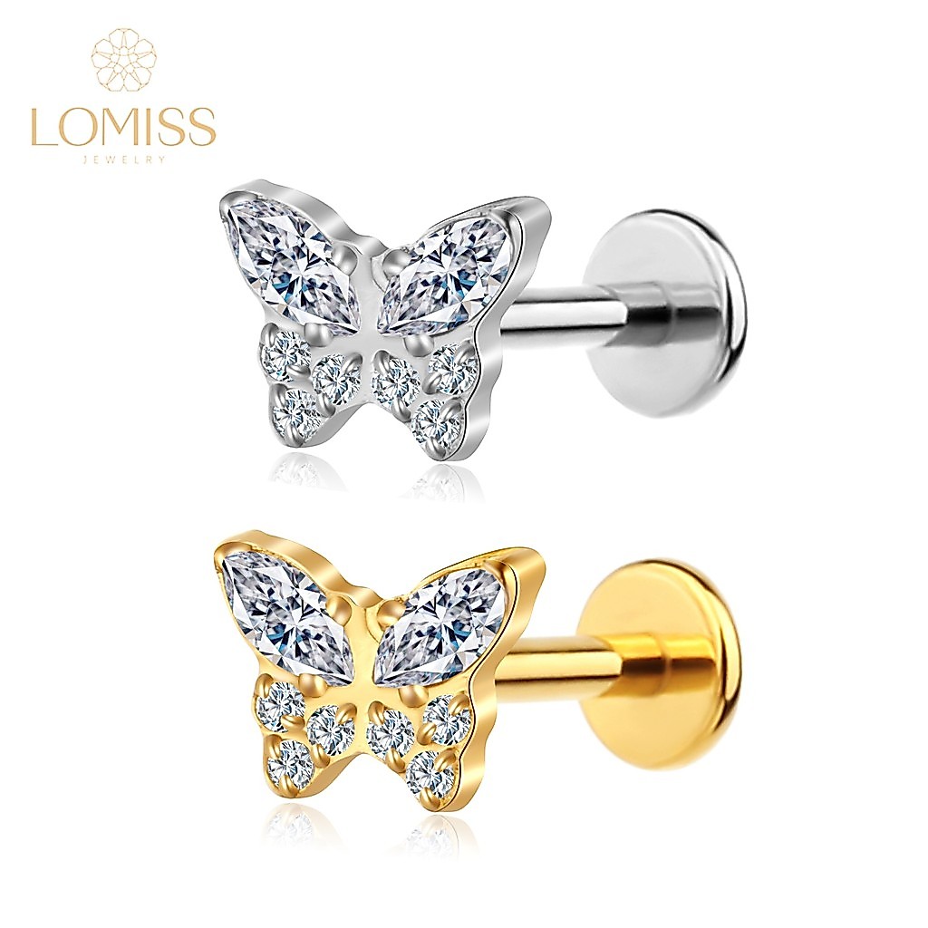 Piercing Helix Tragus Conch Labret Aço Cirúrgico Borboleta Zircônia Cravejada