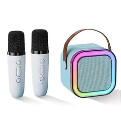 COM 2 MICROFONE K12 Alto-falante Bluetooth Karaoke com Microfone, Luzes LED e Diversão para Toda a Família