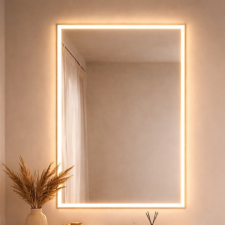 Espelho Retangular Jateado com LED 3 Cores Botão Touch Várias Medidas Luxo Decor