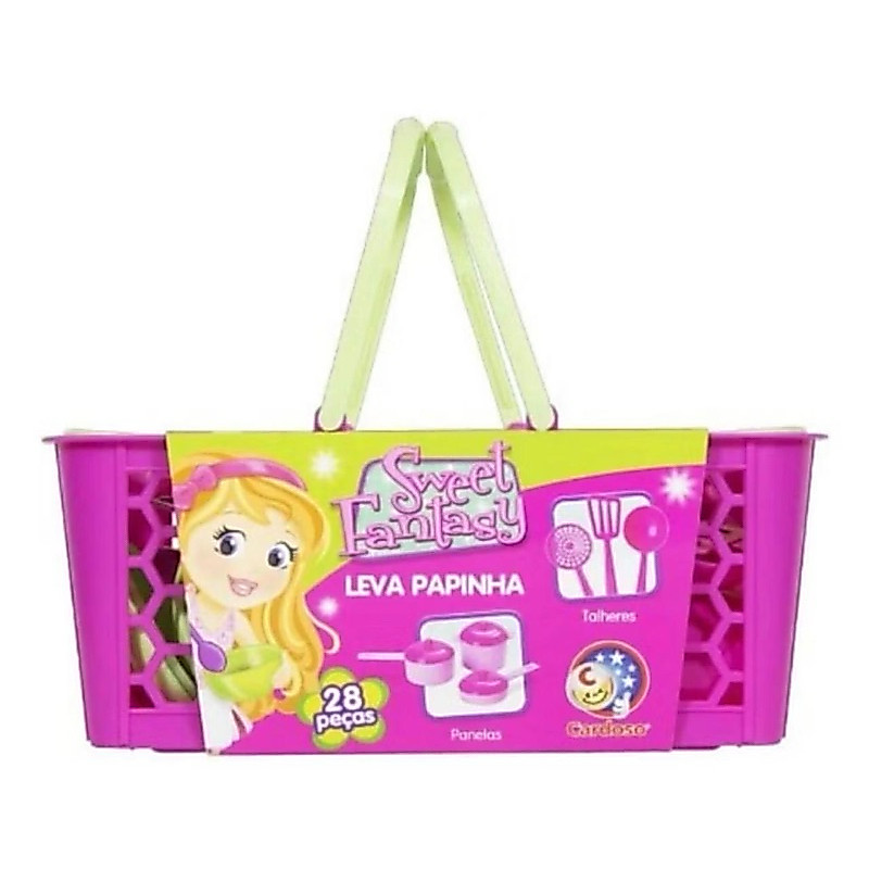 Cesta Leva Papinha 28 Peças Brincando de Casinha Kit Cozinha de Brinquedo Infantil Panelinha Cardoso