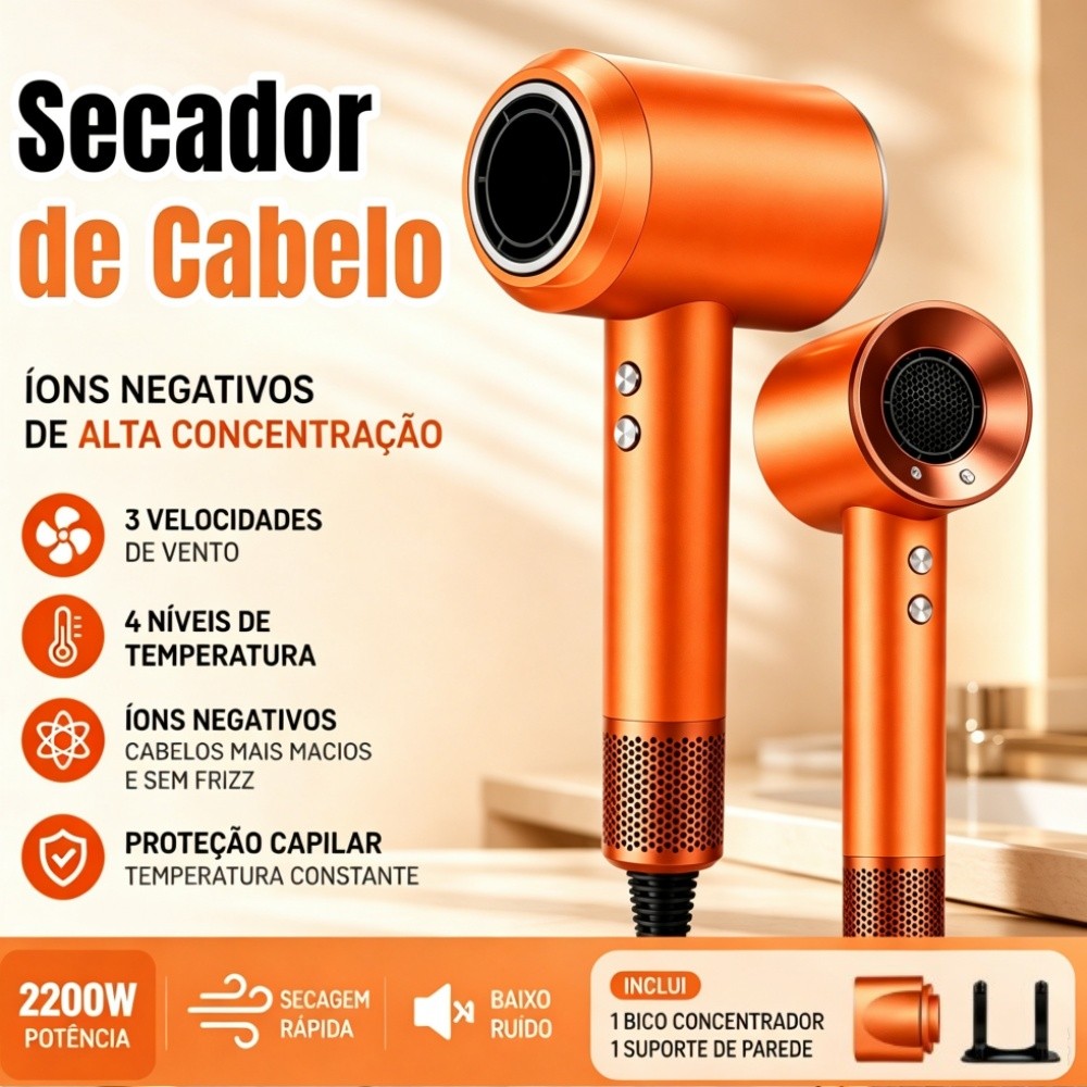 Secador de Cabelo Profissional 2200W com Íons NegativosSecagem Rápida Anti-Frizz 3 Velocidades e 4 Temperaturas