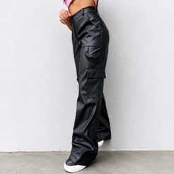 Calça Pantalona Wide Leg Reta Cargo Couro Fake Cintura Alta Moda Gringa Bolso Lateral
