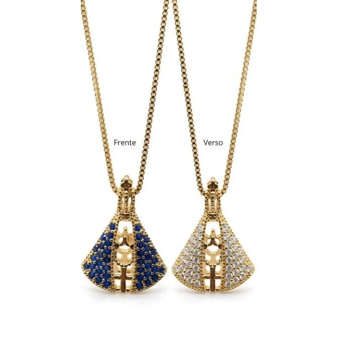 Colar nossa senhora Aparecida 3D dupla face folheado a ouro cravejado con zircônias