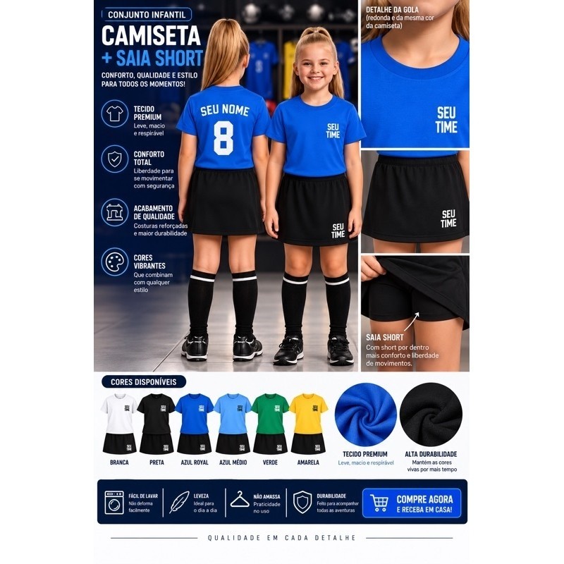 Conjunto Infantil Feminino Saia Short + Camiseta 100% Algodão 30/1 | Roupa Time Personalizada Menina Confortável