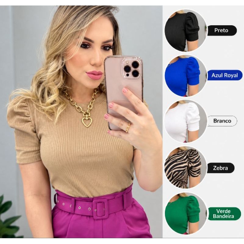 Blusa Feminina Manga Princesa Canelada Com Elasticidade Elegante