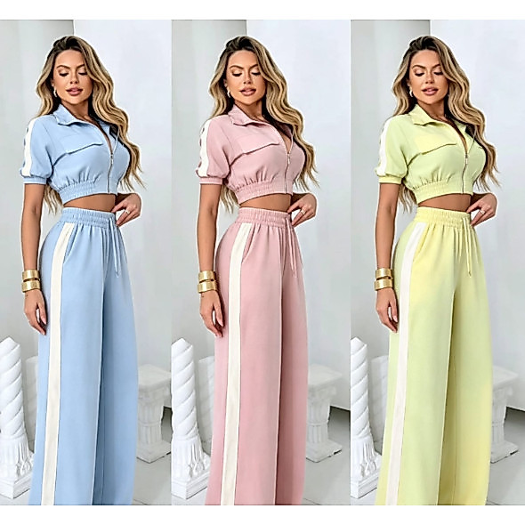 Conjunto Sensorial Premium - Cropped e Calça Pantalona - Conjunto despojado