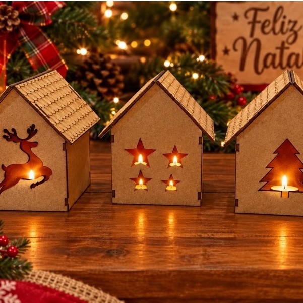 Trio Casinha de Natal em MDF Cru Porta Vela com Luz LED Decoração Natalina Presépio Enfeite Mesa