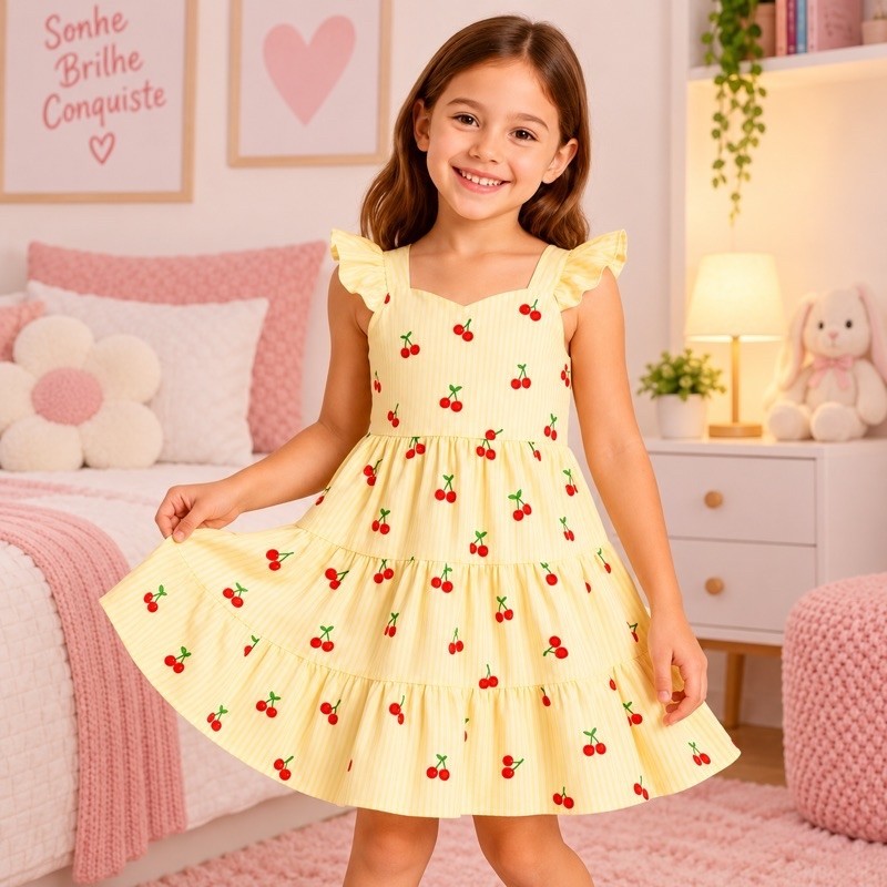 Vestido Infantil Menina de Alça com Babado Moda Blogueira 2 a 10 Anos