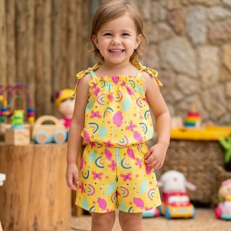 conjunto infantil feminino blusa e shorts tecido crepinho estampado moda verão.