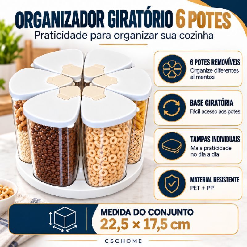 Organizador giratório com 6 Potes Herméticos Suporte Incluso