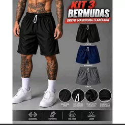 kit 3 Bermuda Dryfit Masculina Flanelada Com Zíper nos Bolsos em 3 cores