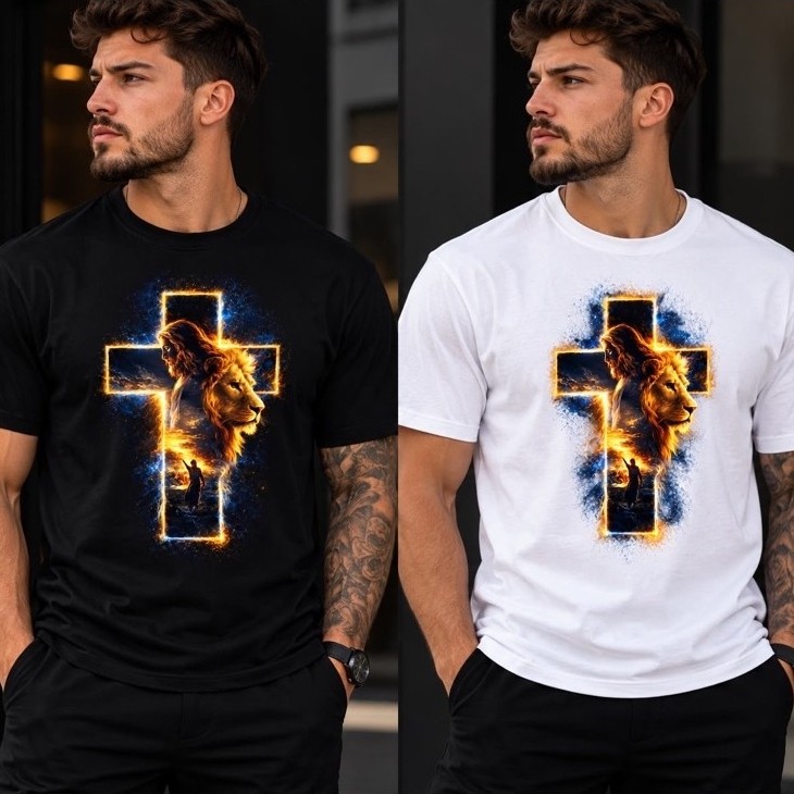 Camiseta Masculina Cruz e Leão | Estampa Religiosa, Fé, Jesus, Cristã, Streetwear, Oversized, Algodão, Moda Masculina