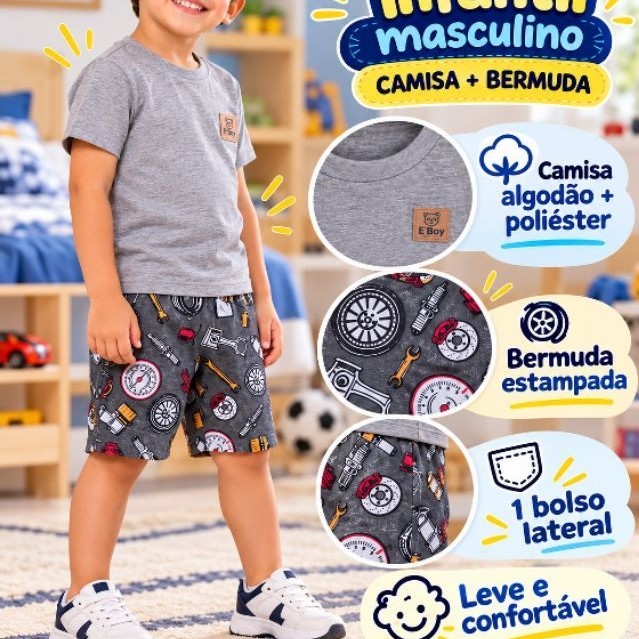 Conjunto Masculino Infantil / Conjunto Bermuda Masculuna Moletom estampado Camisa Algodao / Conjunto infantil Masculino