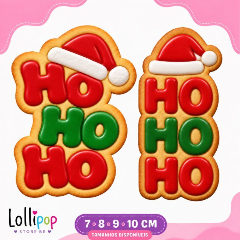 Cortador de Biscoito Natal Ho Ho Ho com Gorro e Carimbo | 7, 8, 9 e 10 cm | Modelo 1 e 2