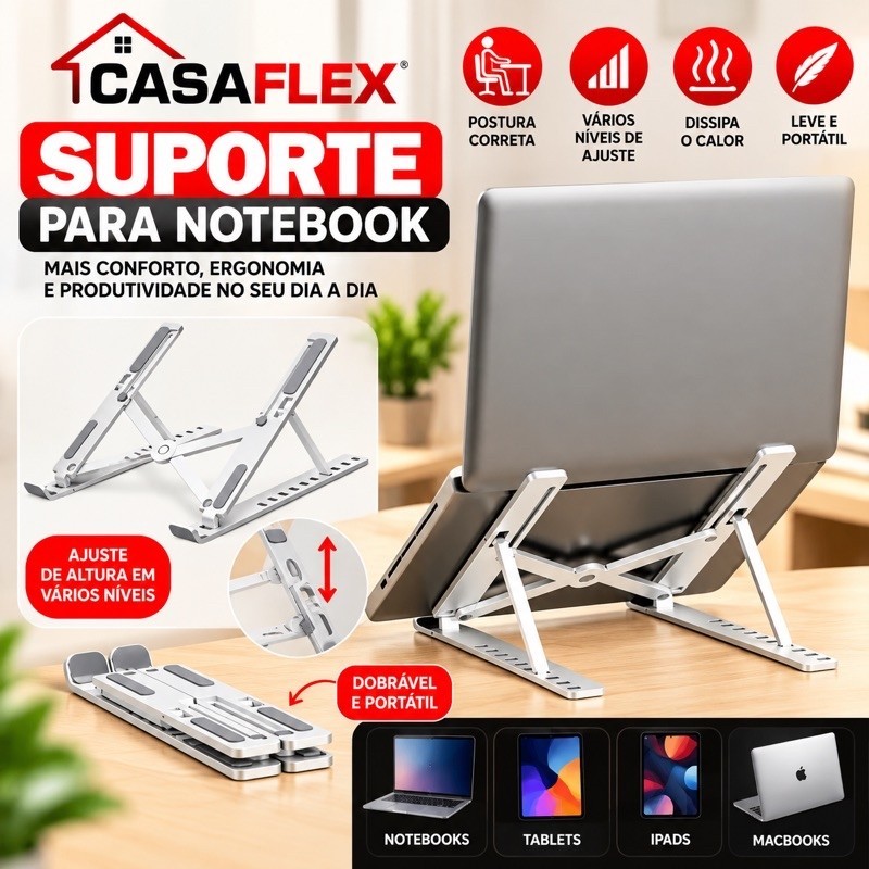 Suporte Notebook Laptop Regulável com Ajuste de Altura Ergonômico Dobrável Portátil para Mesa Escritório
