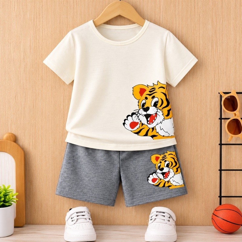 Conjunto infantil menino 2 peças camiseta regata e bermuda moletinho Tactel estiloso dia a dia estampados tigre