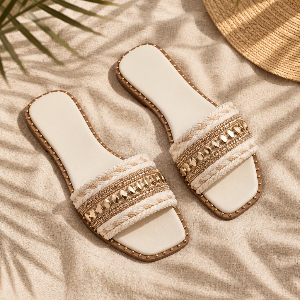 Rasteira Feminina Metalizada Indiana Boho Off White Sandália Artesanal Bico Quadrado Confortável