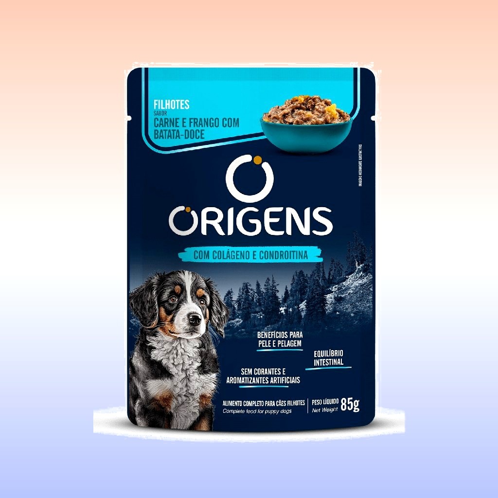 Sachê Origens Cães Filhotes Sabor Carne e Frango com Batata-Doce Todos os Portes Premium Especial 85 G Adimax