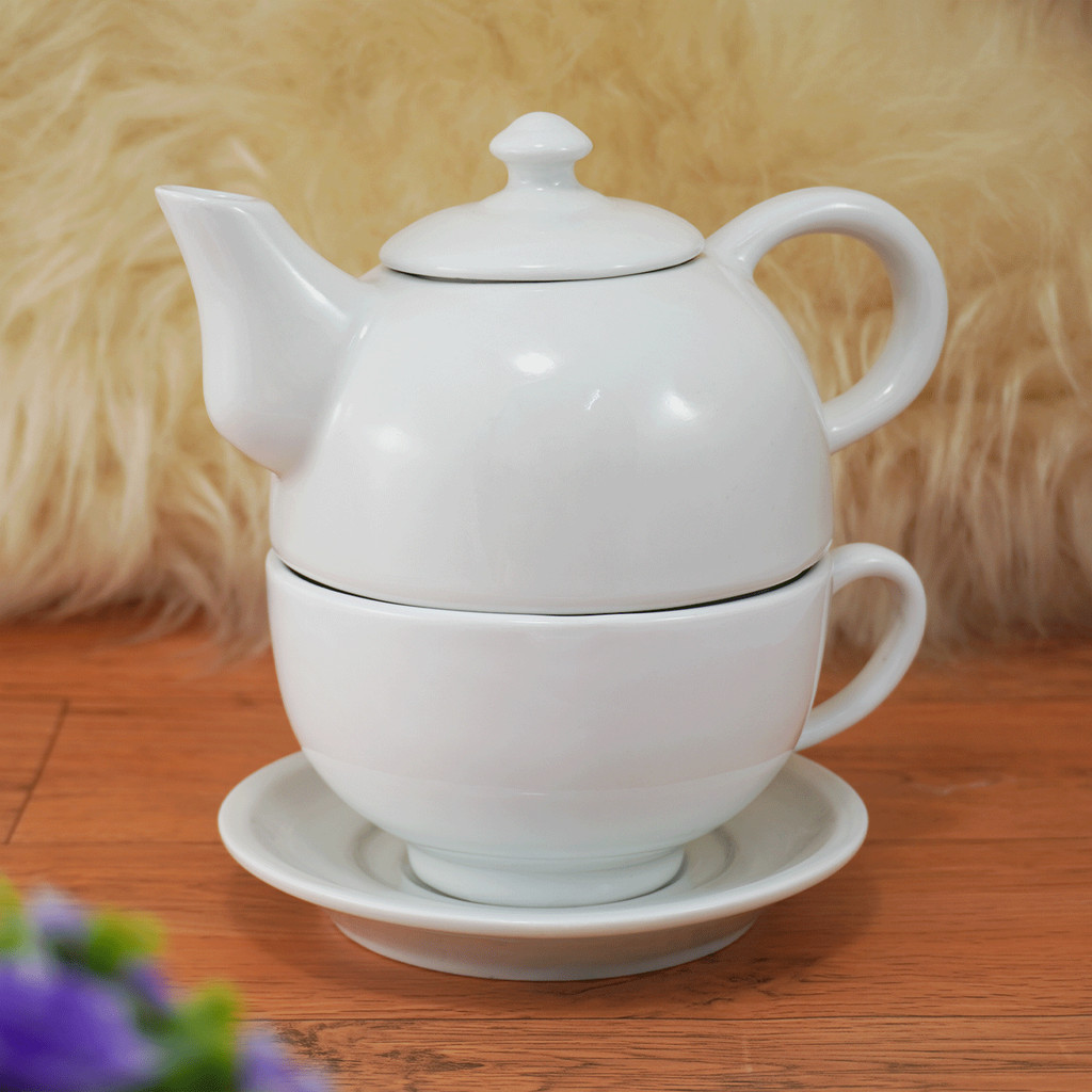 Kit de Chá Bule com tampa Branco em Porcelana com Pires
