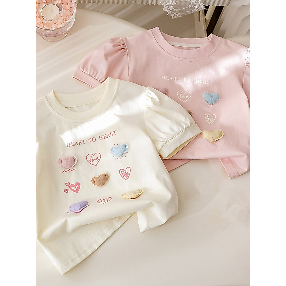 Meninas de manga curta camiseta verão estilo fino crianças estilo ocidental manga Puff algodão topo verão menina bebê ca