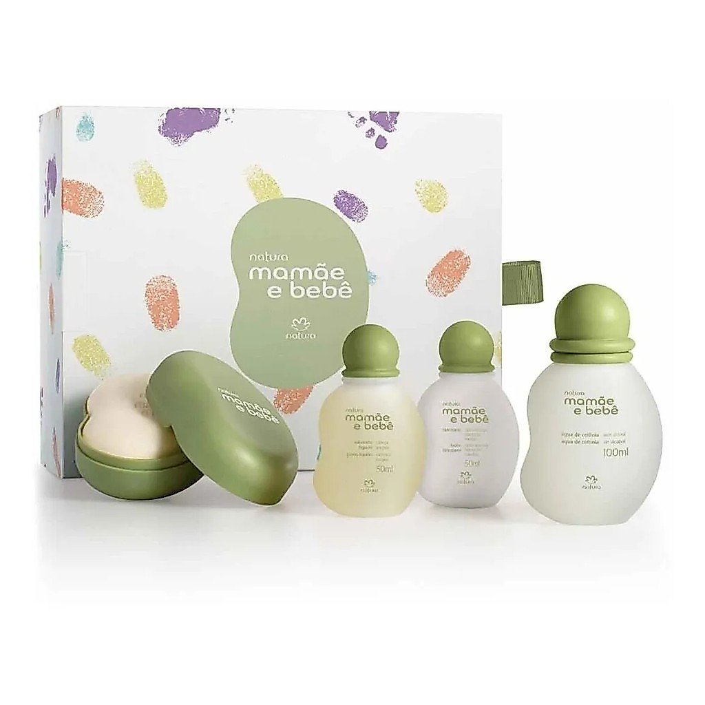 Presente Natura Mamãe e Bebê Água de Colônia Sem Álcool Hidratante e sabonete com Saboneteira