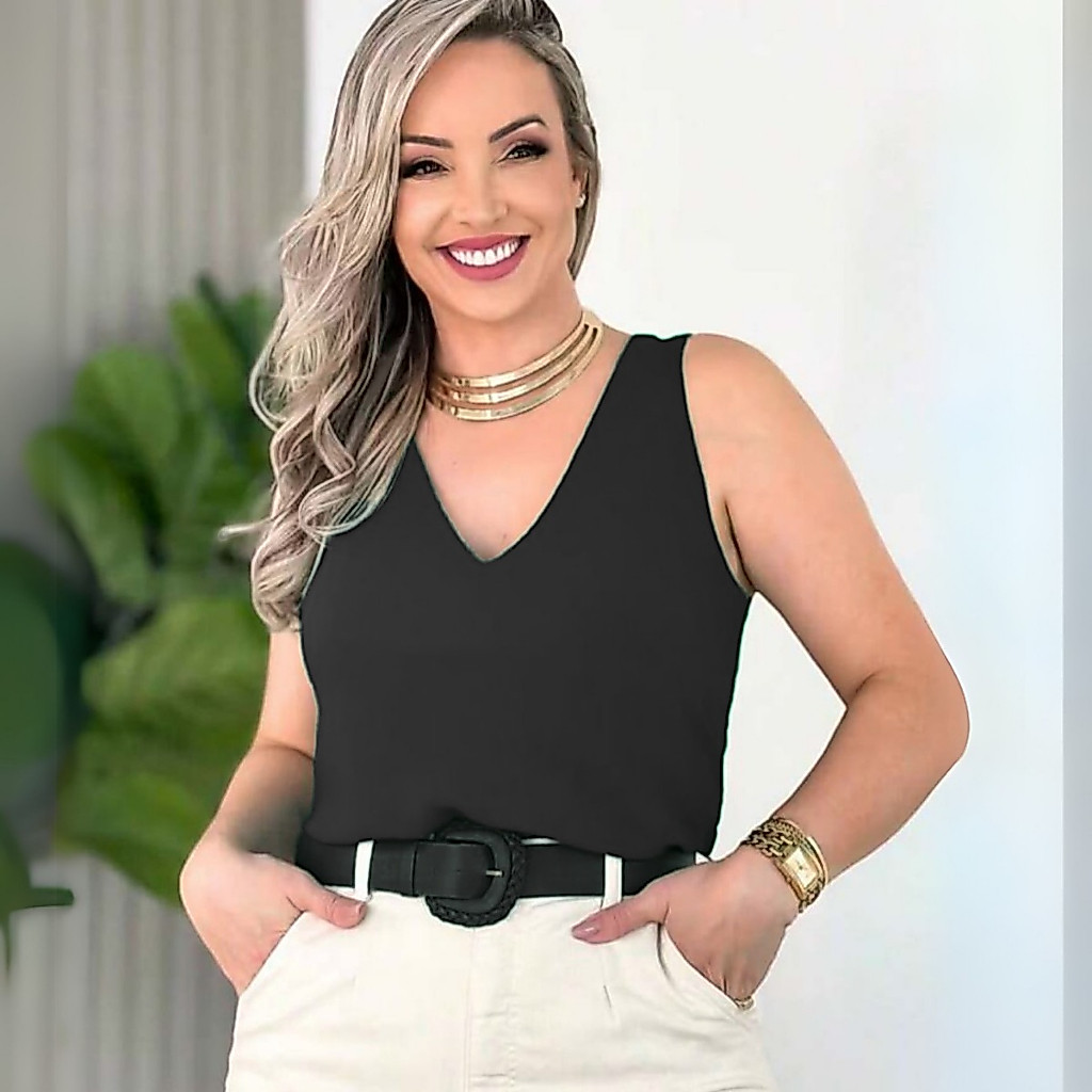 Blusa Feminina Regata Plus Size Decote V Elegante Social Babado Moda Duna Blogueira Tendência Verão