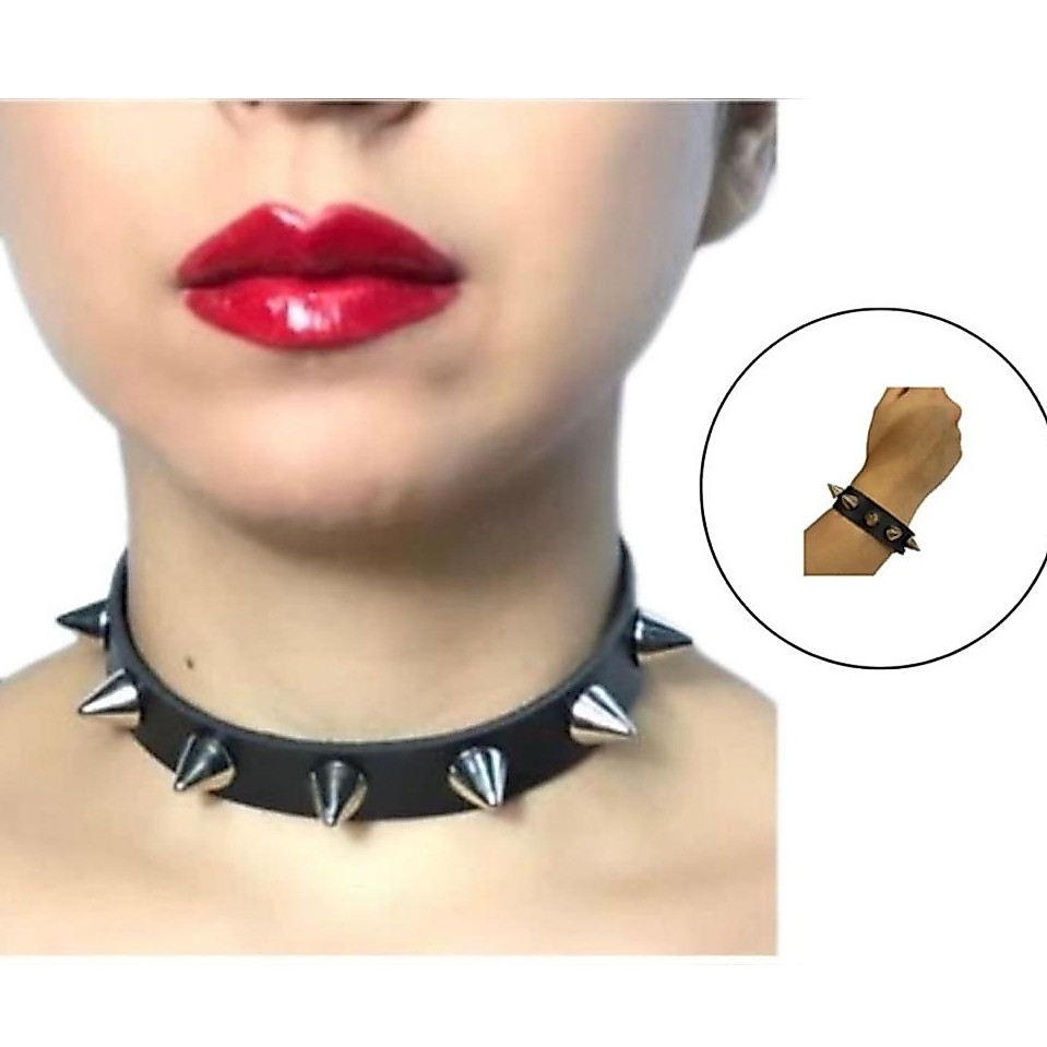 Choker Spikes CONICOS com Pulseira de Spikes Punk Gótico Cosplay