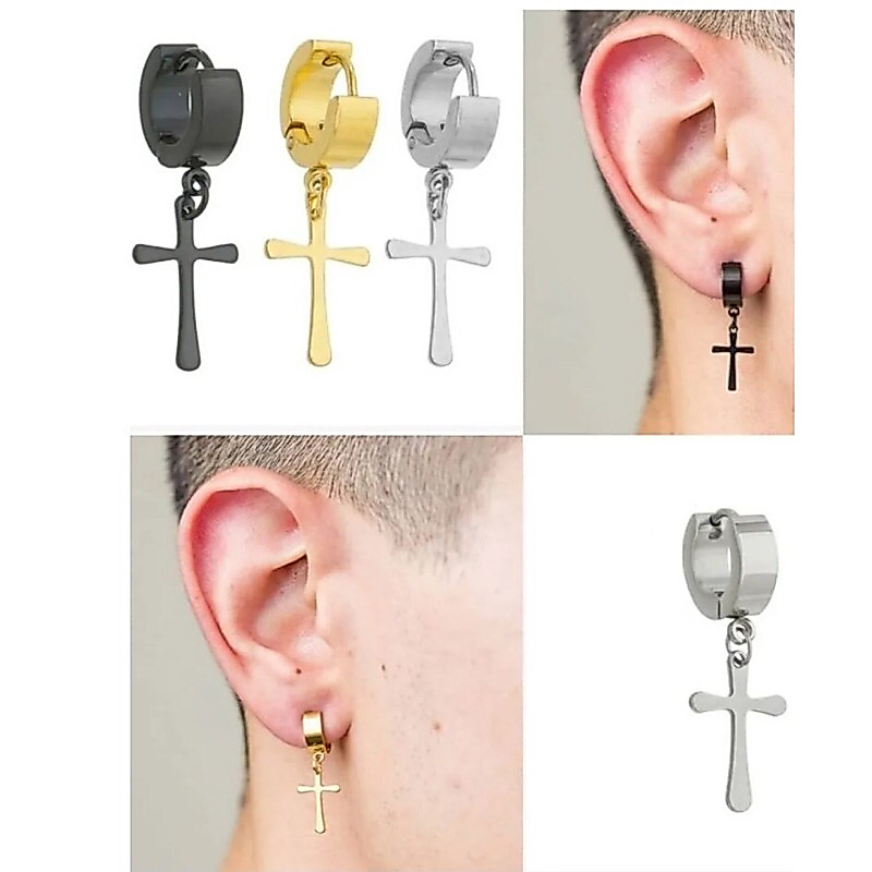 Aço Inox 316L Kit Com 1 Pares De Brincos Argola Com Cruz Aço Inoxidável Antialérgico Preto, Prata,Dourado, Colorido  Brinco masculino argola cruz  com banho antialérgico Sendo 1pares   Um acessório capaz de transformar completamente qualque